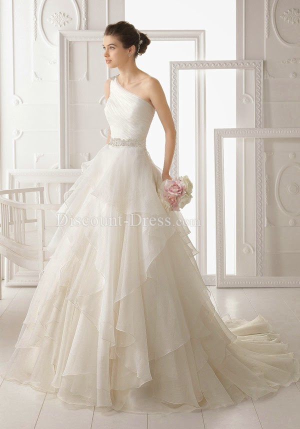 One Shoulder Organza Princess Floor Length Zipper Back Wedding Dress