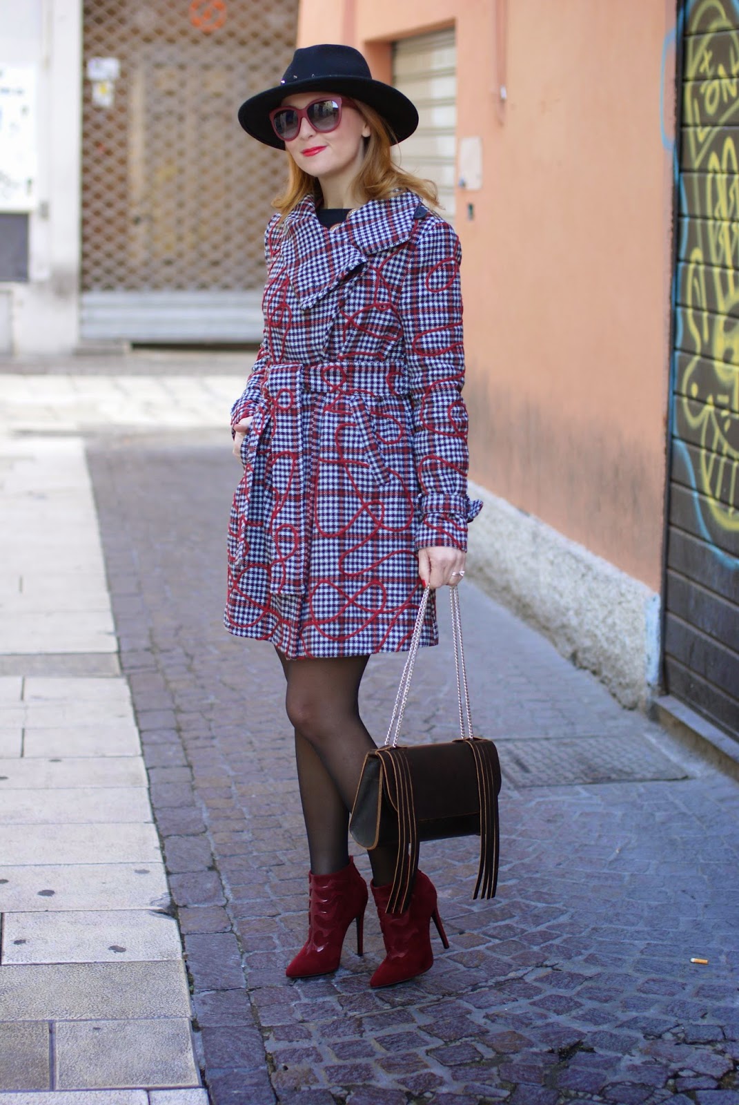 Smash! Moneton tartan jacket worn with Studded fedora hat and black sheer tights with stiletto ankle boots, Fashion and Cookies, fashion blogger