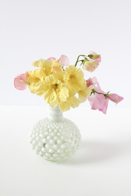 sweet peas, nasturtiums, pink and yellow, flower arrangements, milk glass vase, Anne Butera, My Giant Strawberry