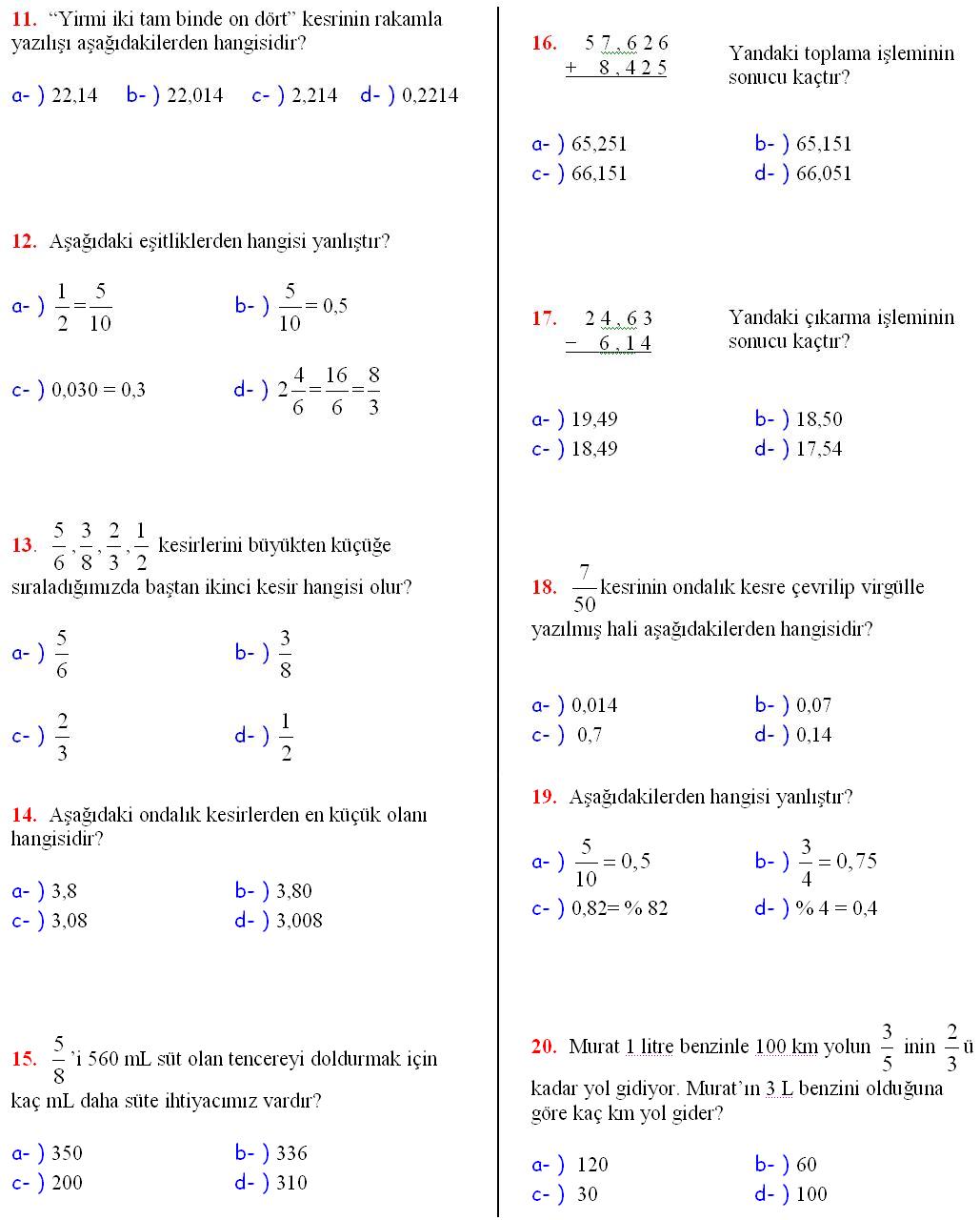 5. Sınıf Matematik Dersi Kesirler 20 Soruluk Test, Matematik 5 Cevaplı