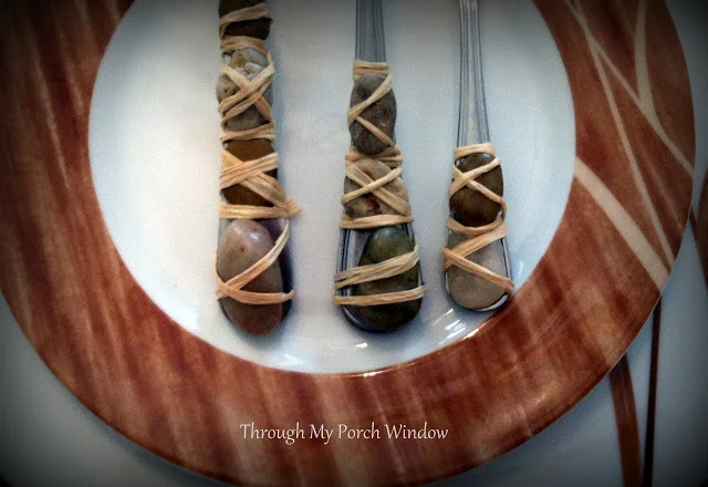 From boring to amazing flatware, a creative take with rocks and raffia by Through My Porch Window, featured on I Love That Junk