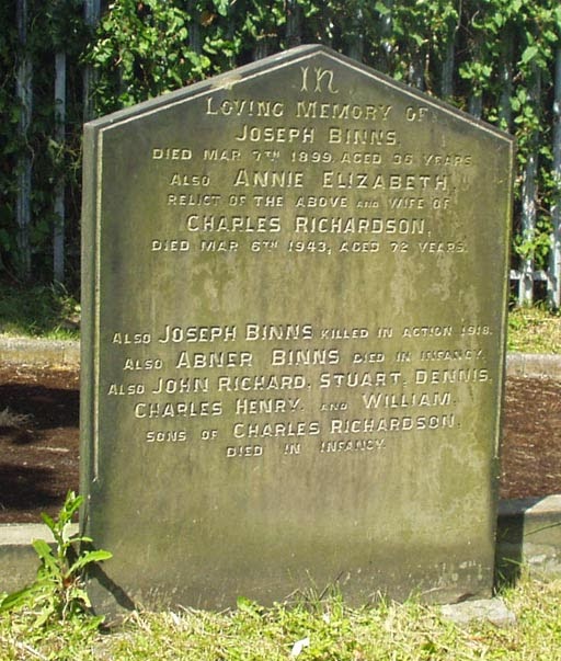 Barnsley & District War Memorials Ardsley Cemetery, Joseph Binns