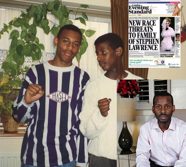 London: DAILY MAIL online report:  "Race hate mail sent to Stephen Lawrence's brother"