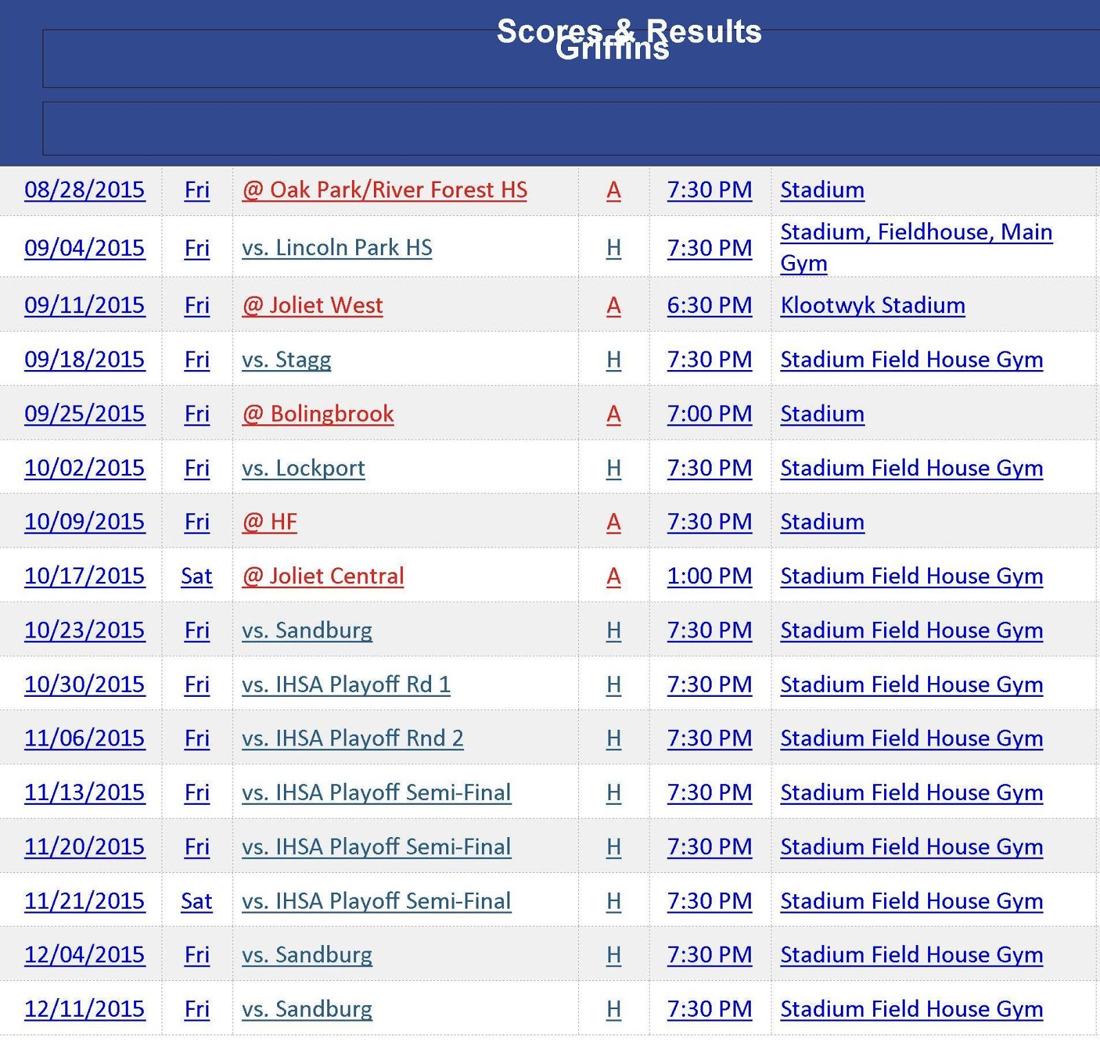 LincolnWay HS Dist 210 Varsity Football Schedules