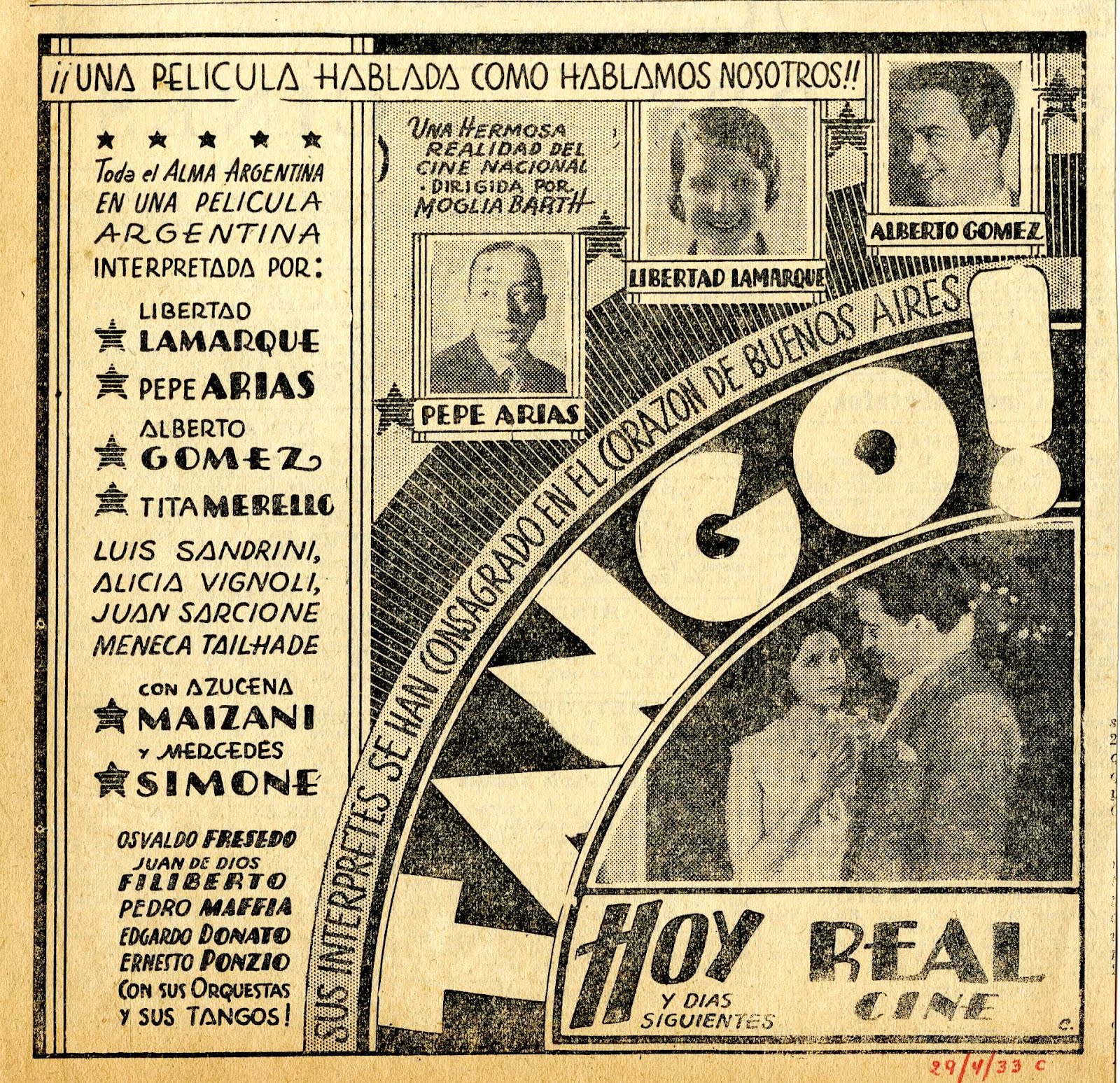 * Tango! la primer película sonora Argentina se estrenaba en 1933