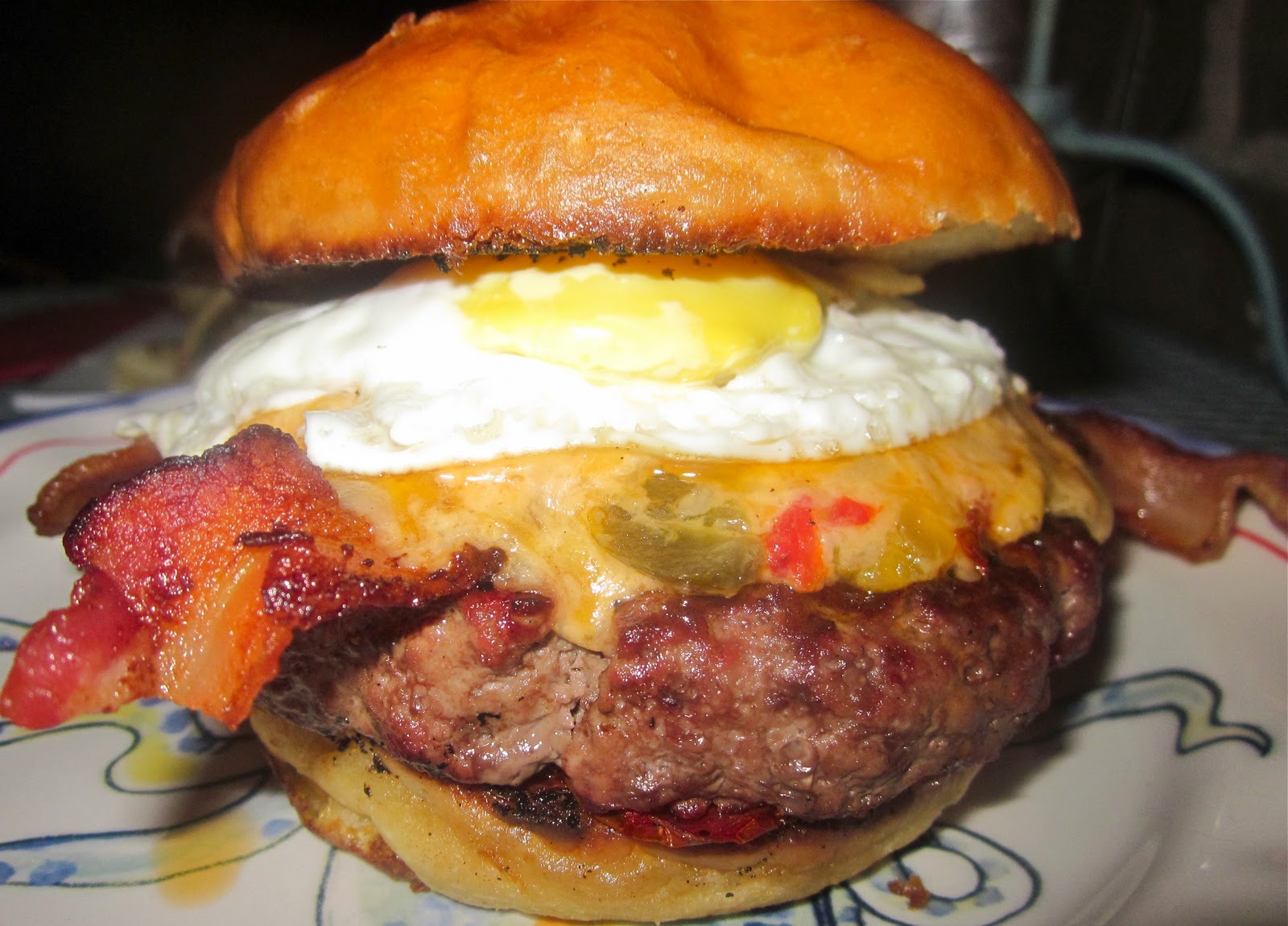 Haute + Heirloom Fried Egg Burger with Pimento Cheese, Bacon, & SlowRoasted Tomatoes