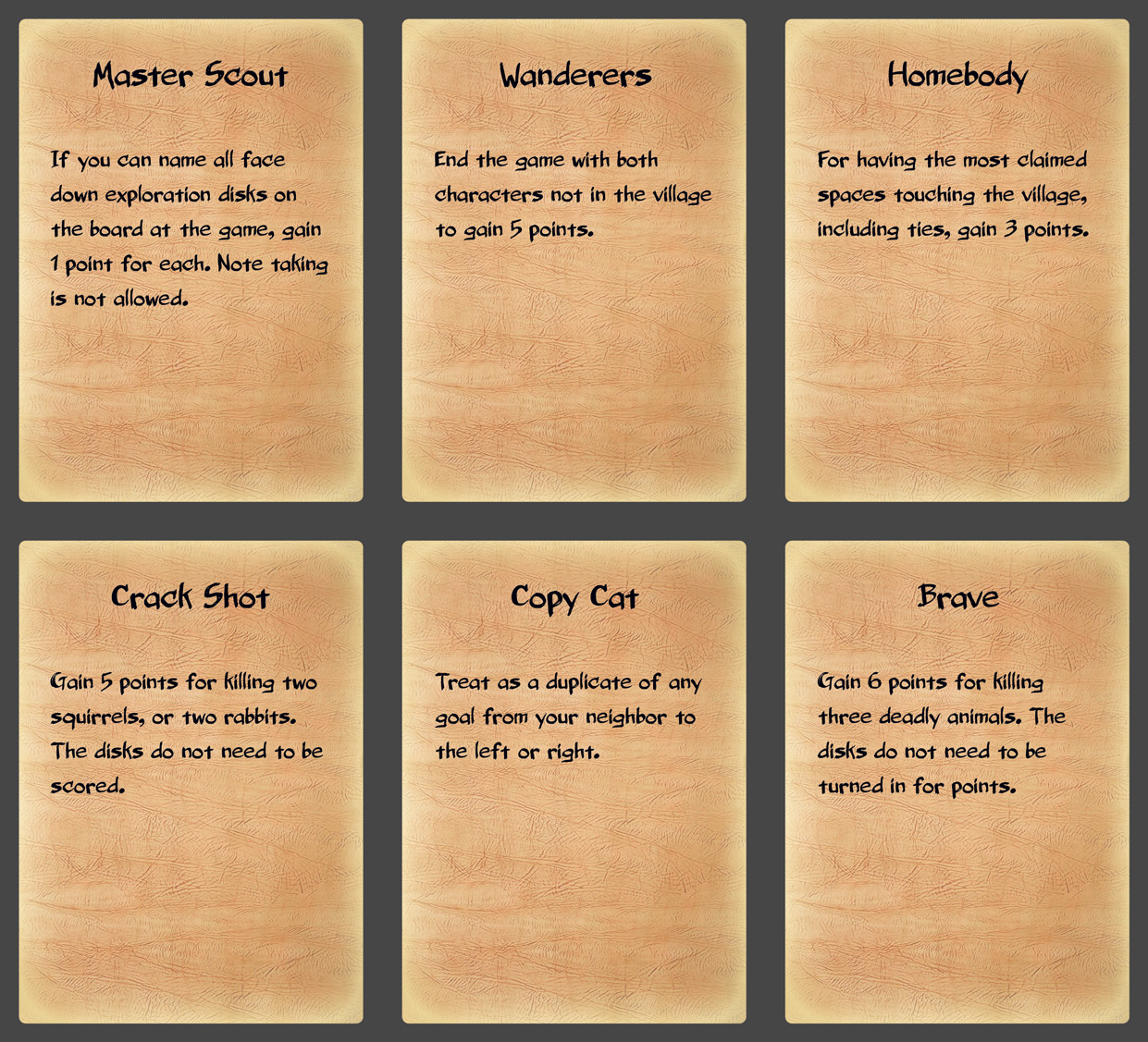 Hunt or Gather Goal Cards Layout