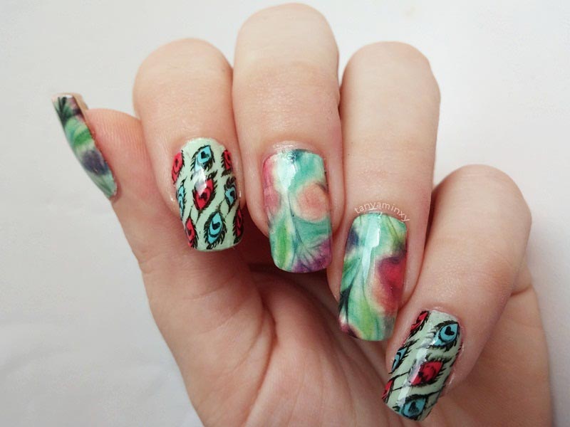 BPS Water And Stamping Decals Pastel Green Blue Coral Flowers Feathers Nails Nail Art Design Manicure