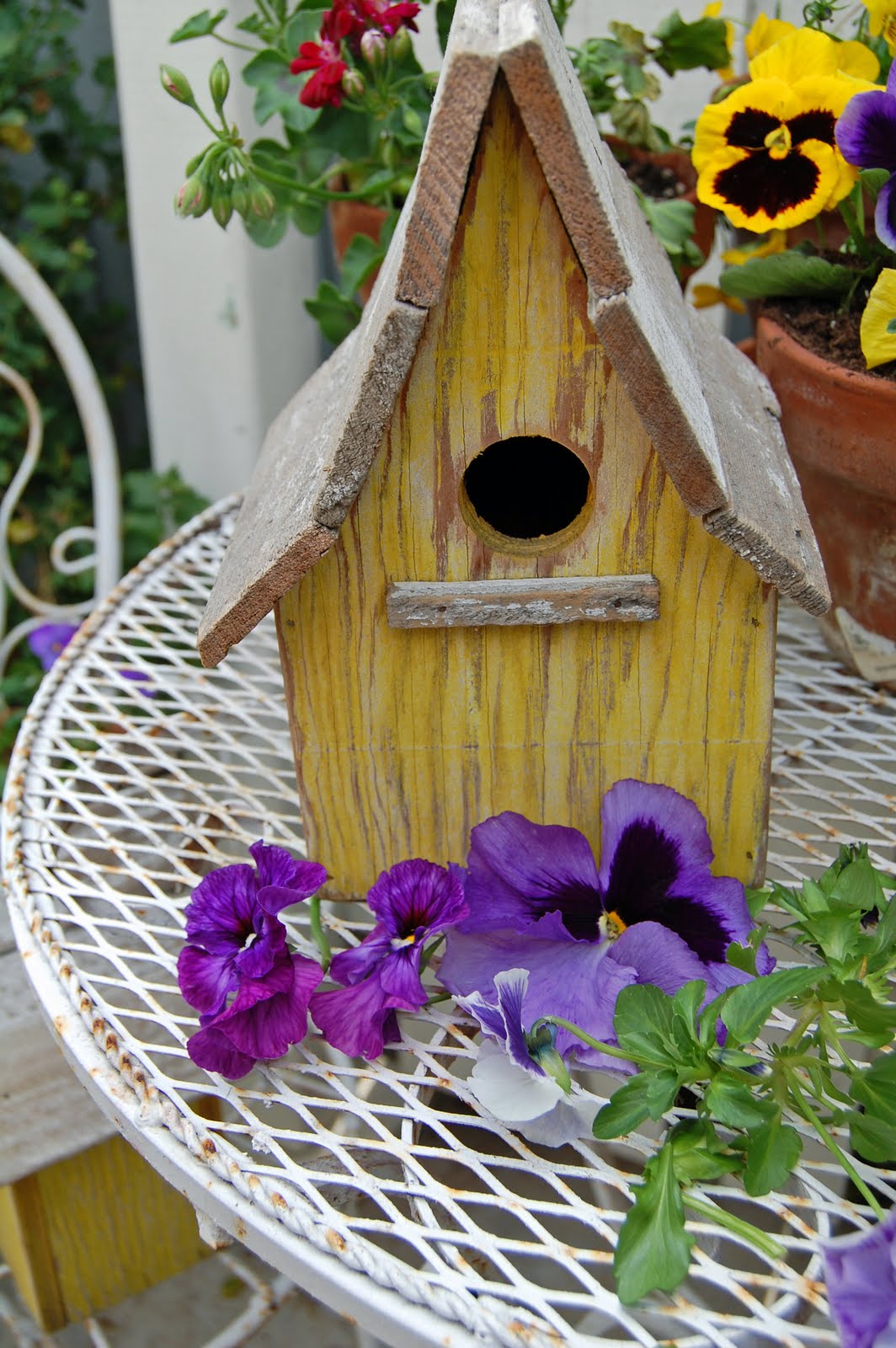 My Painted Garden Art Lesson Yellow Bird House and Pansies