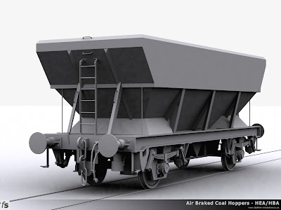 Fastline Simulation - HEA Hopper: Progress render of the HEA Hopper for RailWorks Train Simulator 2012. The wagon represents one of the early wagons built as an HBA with a central access ladder and four footsteps after it has been converted to bruninghaus suspension.