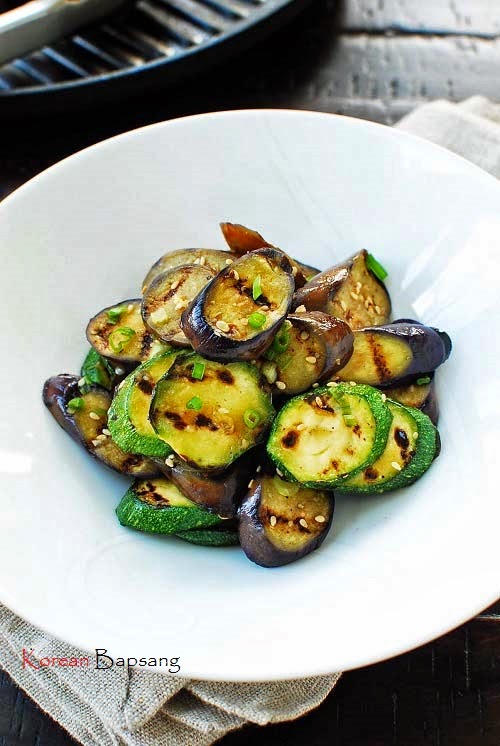 Gaji Hobak Muchim (Grilled Eggplant and Zucchini with Korean Seasoning