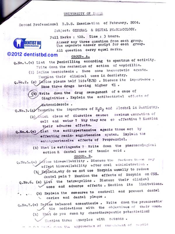 General and dental pharmacology professional examination question