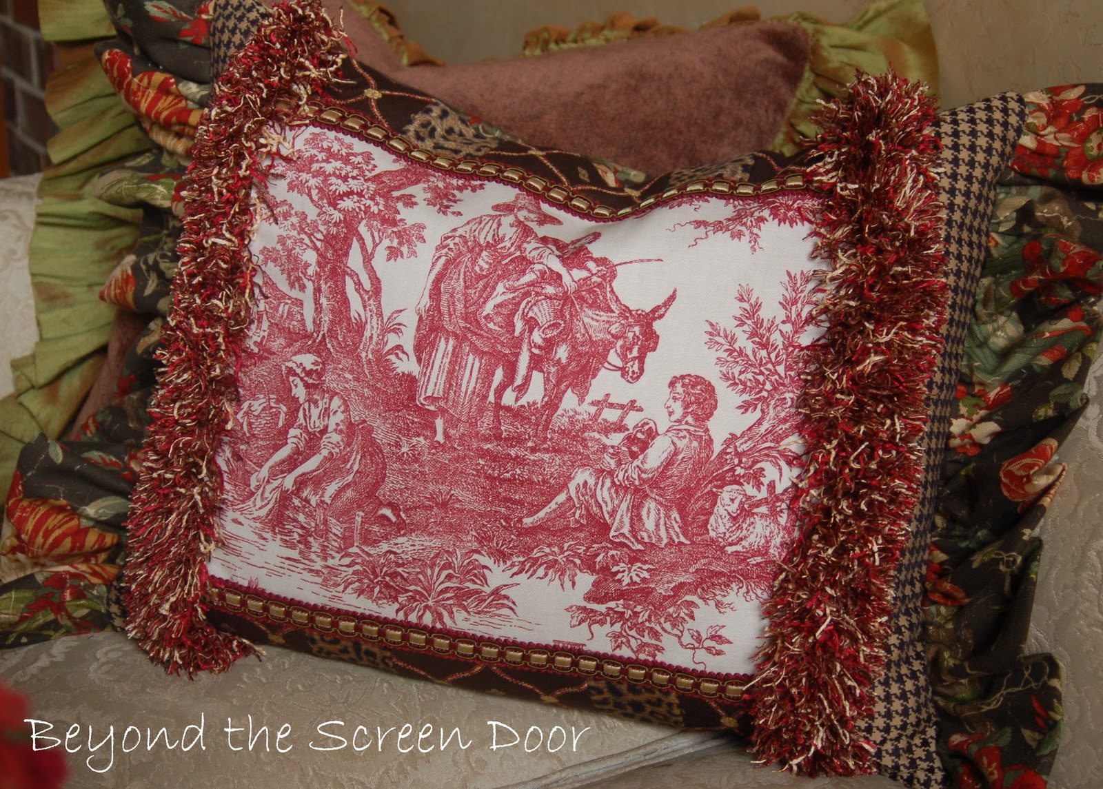 Ruffled Fringed Toile Pillow Sonya Hamilton Designs