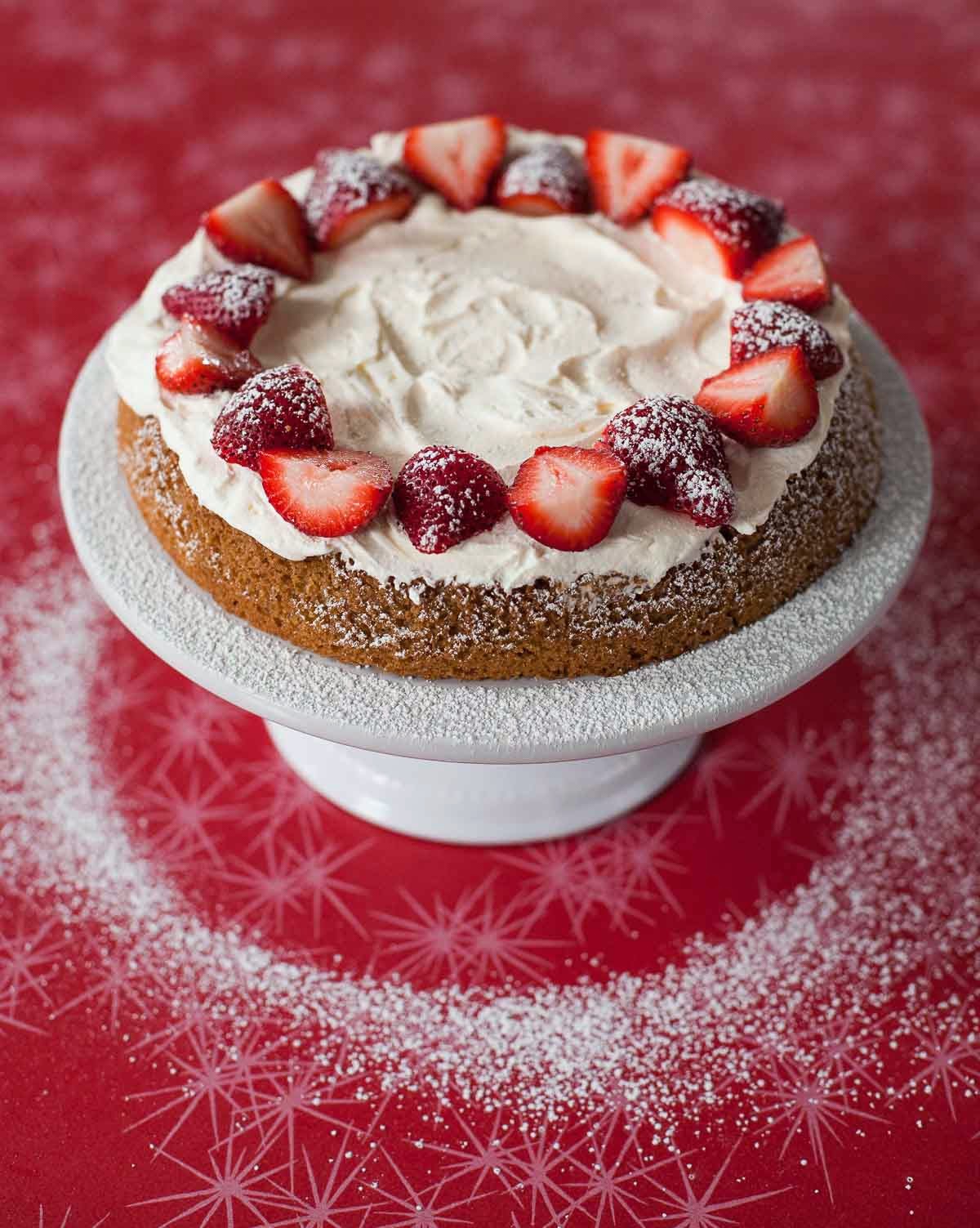 Golden Cake with Strawberries & Whipped Cream (Gluten free, Grain free) | acalculatedwhisk.com