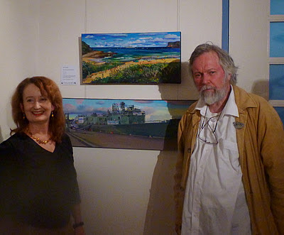 exhibition at Mosman Art Gallery - Jane Bennett industrial heritage artist painting of ex HMAS Adelaide from Avoca Beach - with Paul Delprat principal of Julian Ashton art school