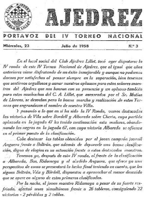Extracto de un boletín que los organizadores del IV Torneo Nacional de Ajedrez de La Pobla de Lillet 1958 publicaban cada día (1)