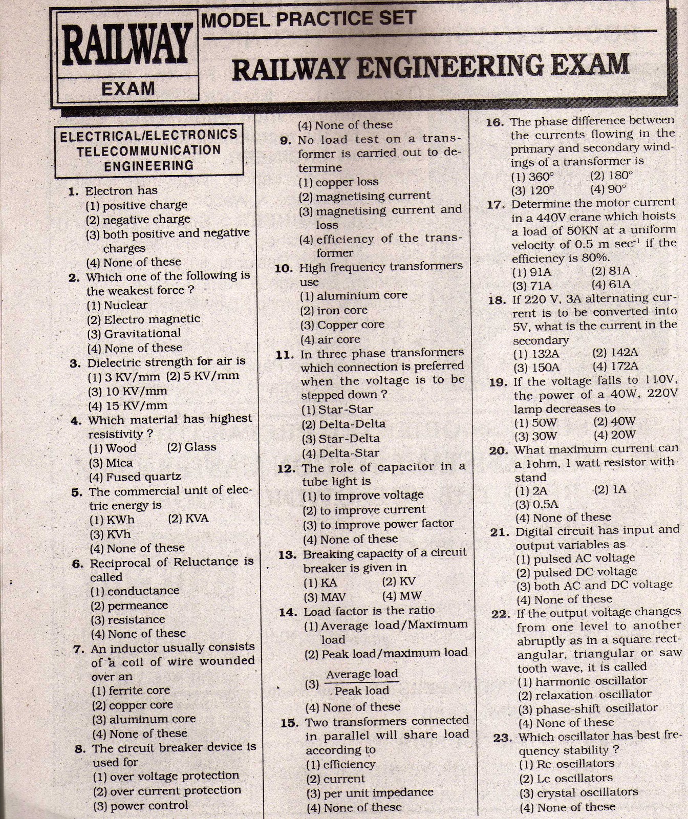 Railway Exam Model Papers (Railway Engimeerimg Exam Previous Paper ) SRI