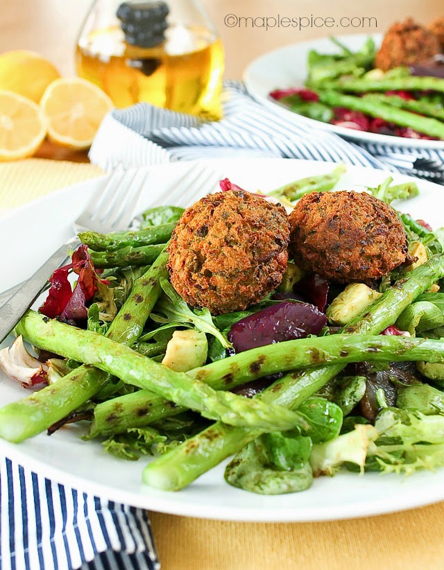 Lemon-Dill Petite Pois Falafel with a Chargrilled Asparagus and Red Onion Salad. Vegan recipe.