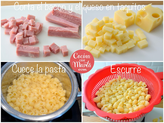 macarrones con queso y bacon, receta casera de pasta, Cocina con Marta. Fácil, rápido, sencillo. Comida para niños.