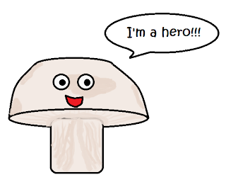 Smiling mushroom shouting, "I'm a hero!!!"