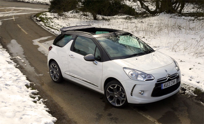 Citroen DS3 Cabrio front view roof open