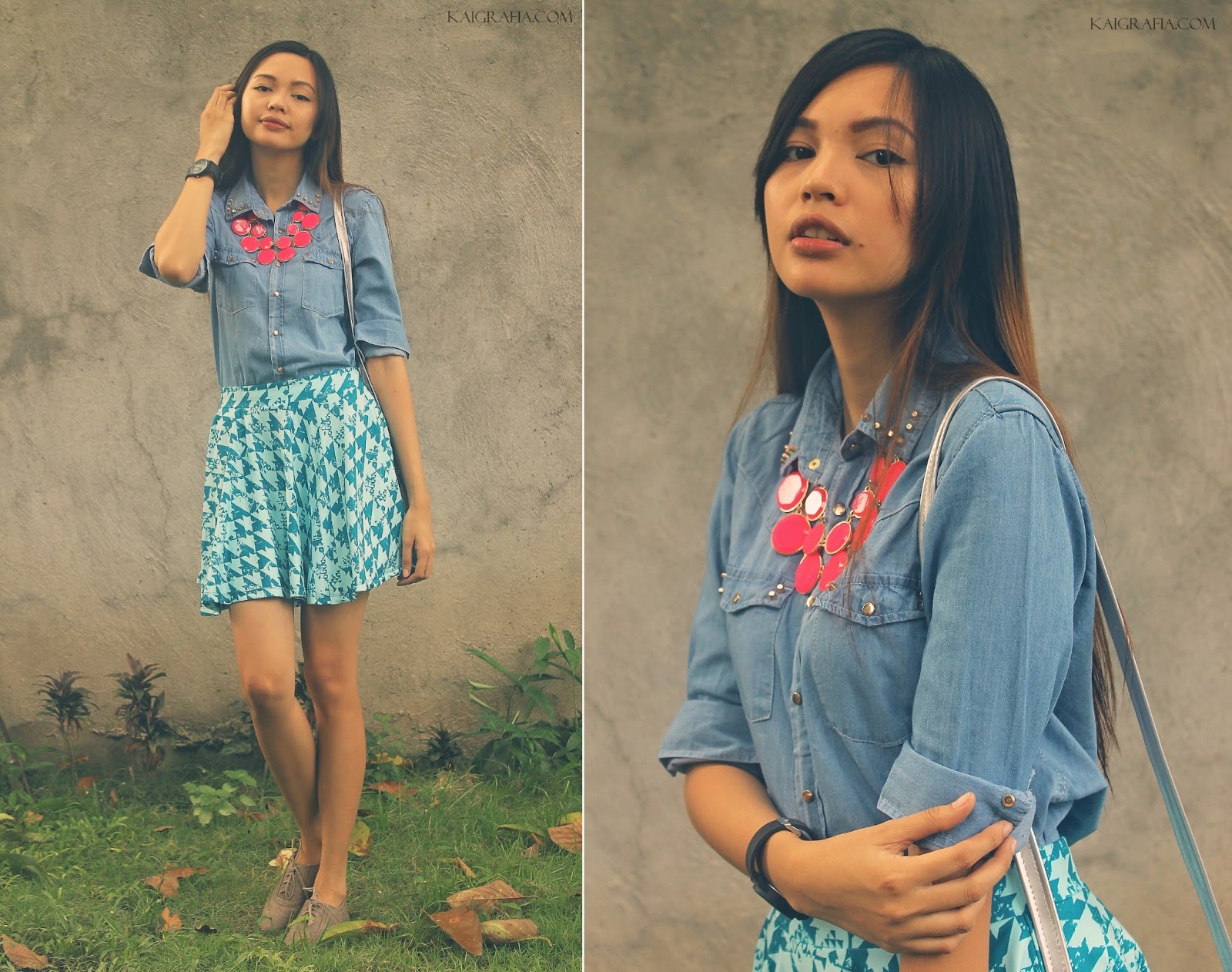 how to wear chambray shirt with skater skirts laid back look