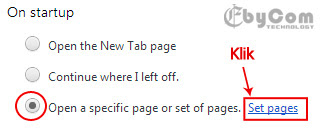 On Startup Pilih Open a specific page or set a pages, Klik Set pages