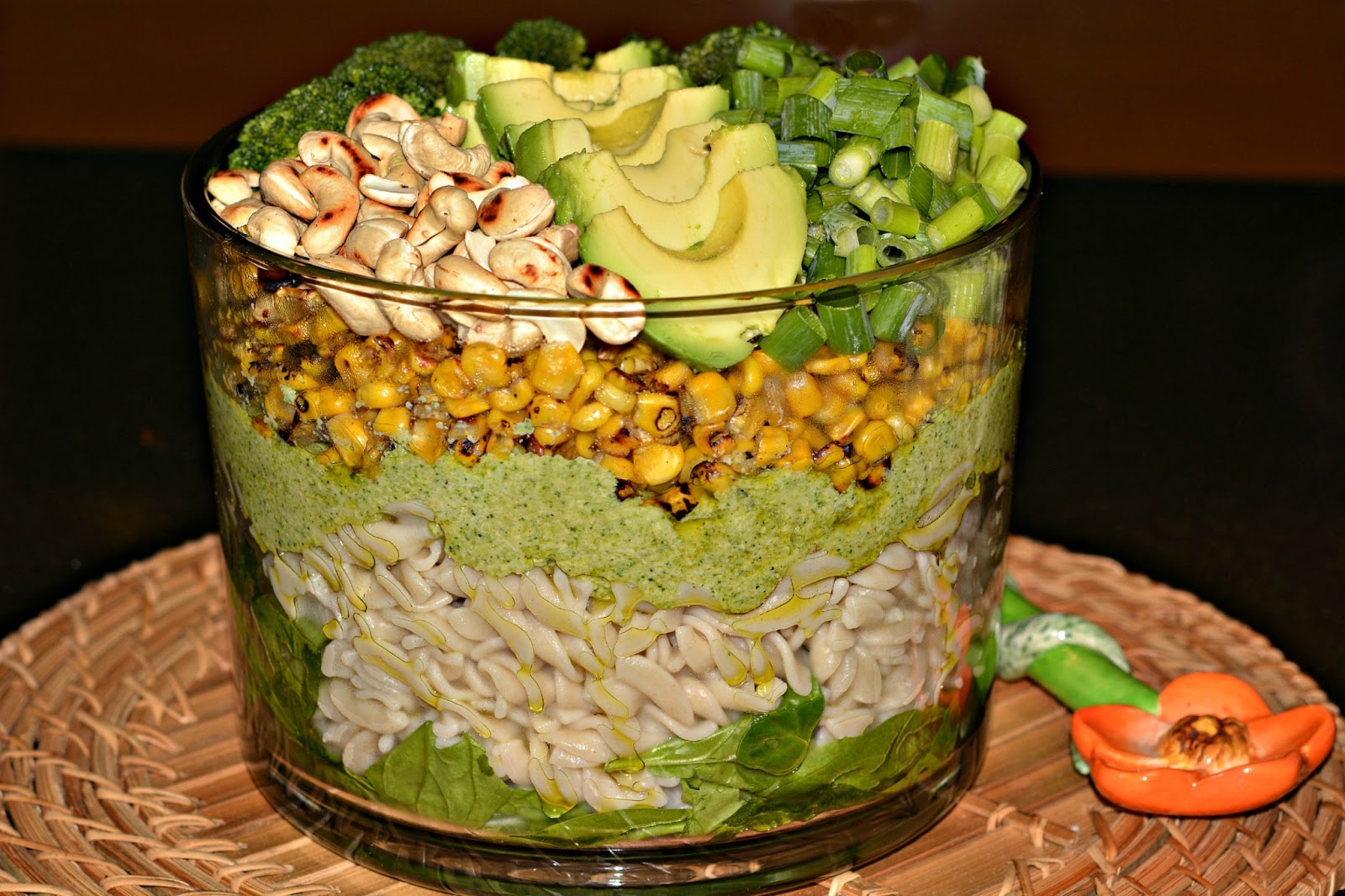 SAVORY TRIFLEBROCCOLI PESTO, AVOCADO, PASTA, FIRE ROASTED CORN