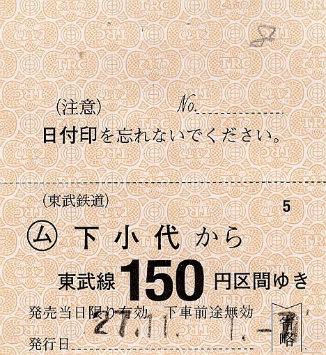 東武鉄道　常備軟券乗車券　日光線　下小代駅