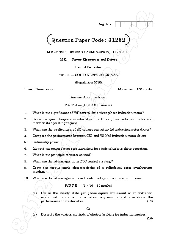 285206 Solid State AC drives old anna university question paper june