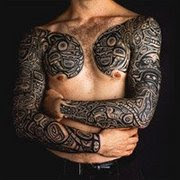 Black ink Chest and Arm Sleeves Tattoo Design