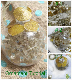 http://www.dragonflyandlilypads.com/2015/11/ornament-linky-party.html Glass Ball Ornament, Tutorial, Gold, Glitter, Gold Stems. Ribbon, Burlap background