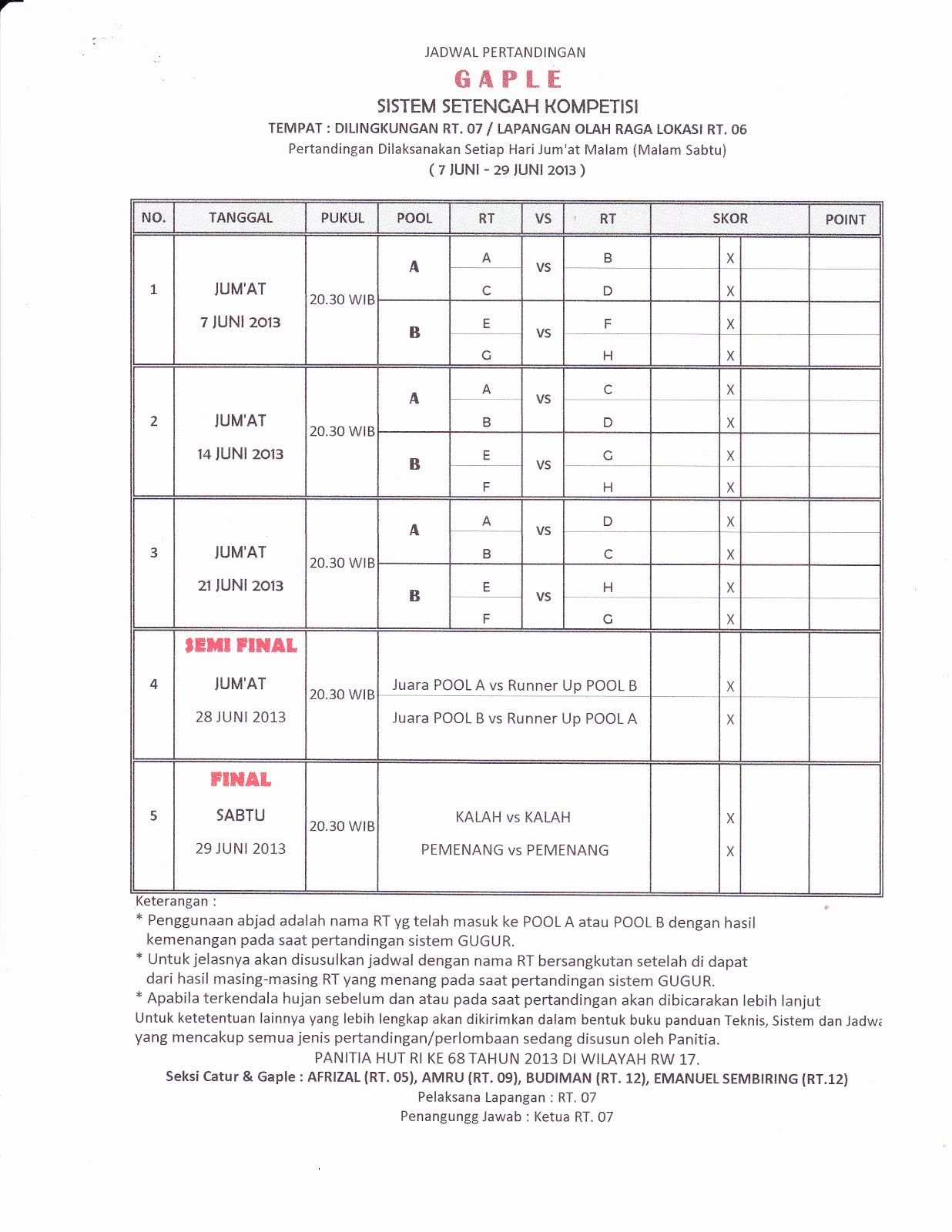 Jadwal Pertandingan Gaple Buletin RW 17