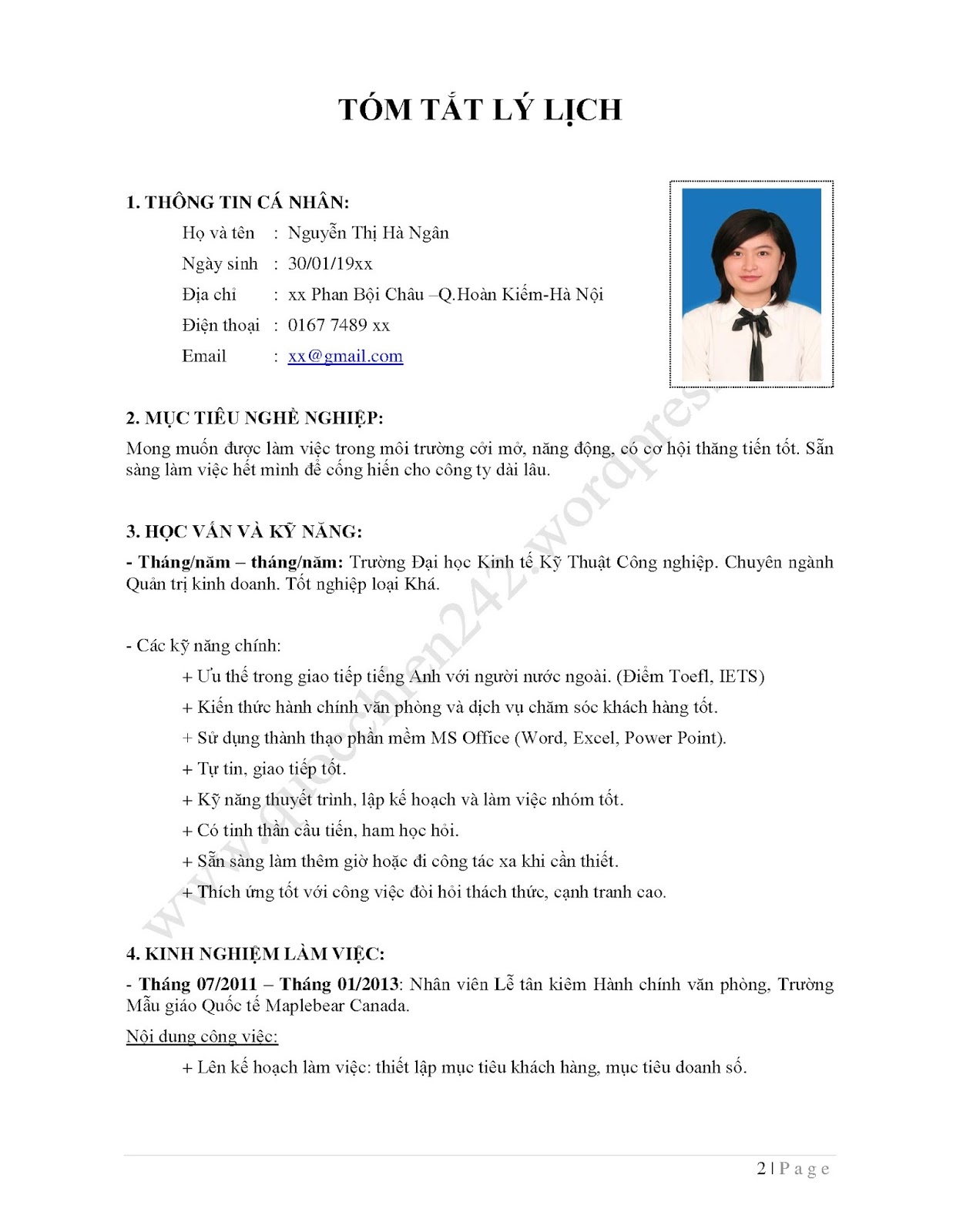 Mẫu CV cho vị trí lễ tân, tuyển dụng | Sửa CV