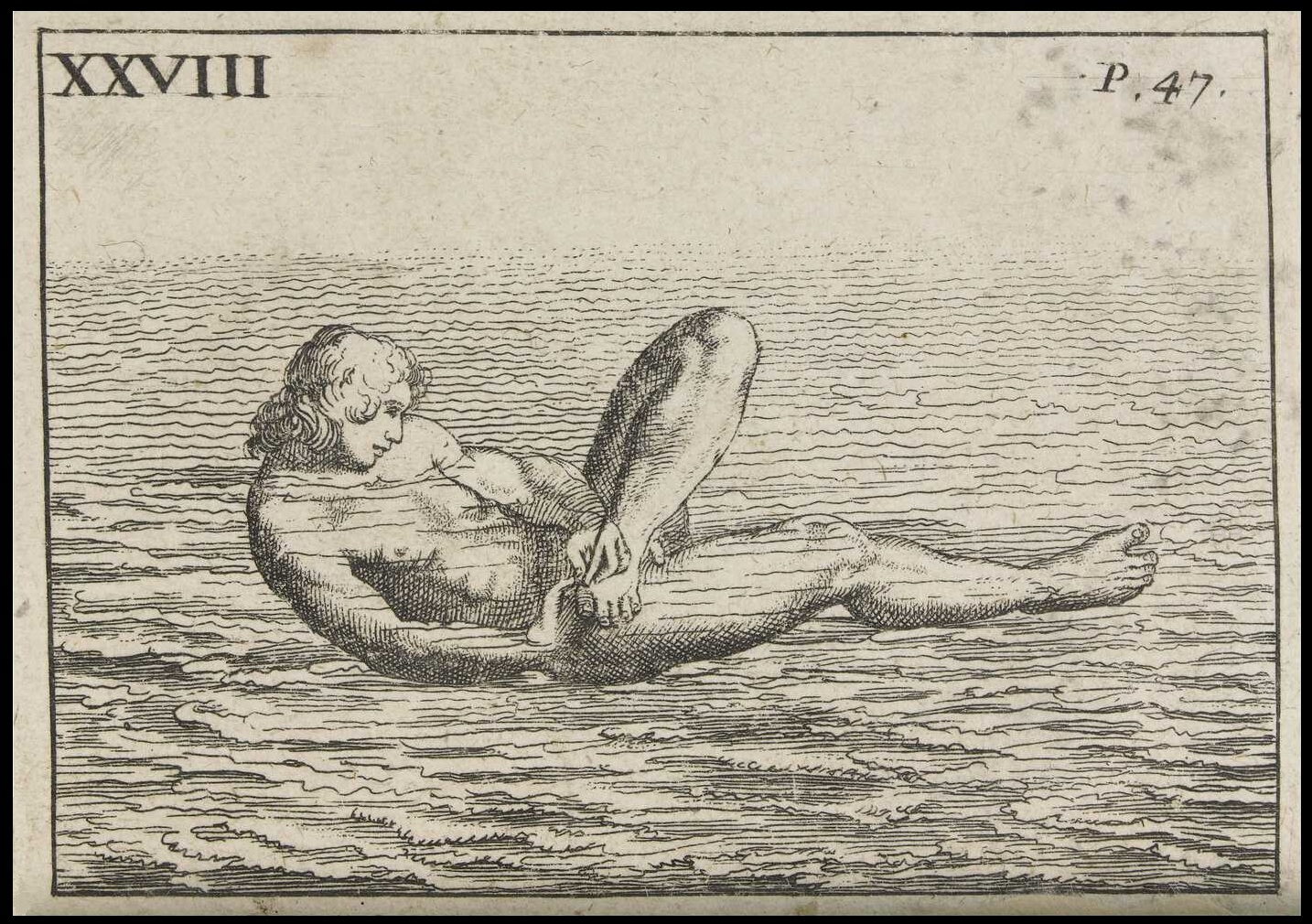 bizarre sketch of swimmer, nude on back, cutting toe nails