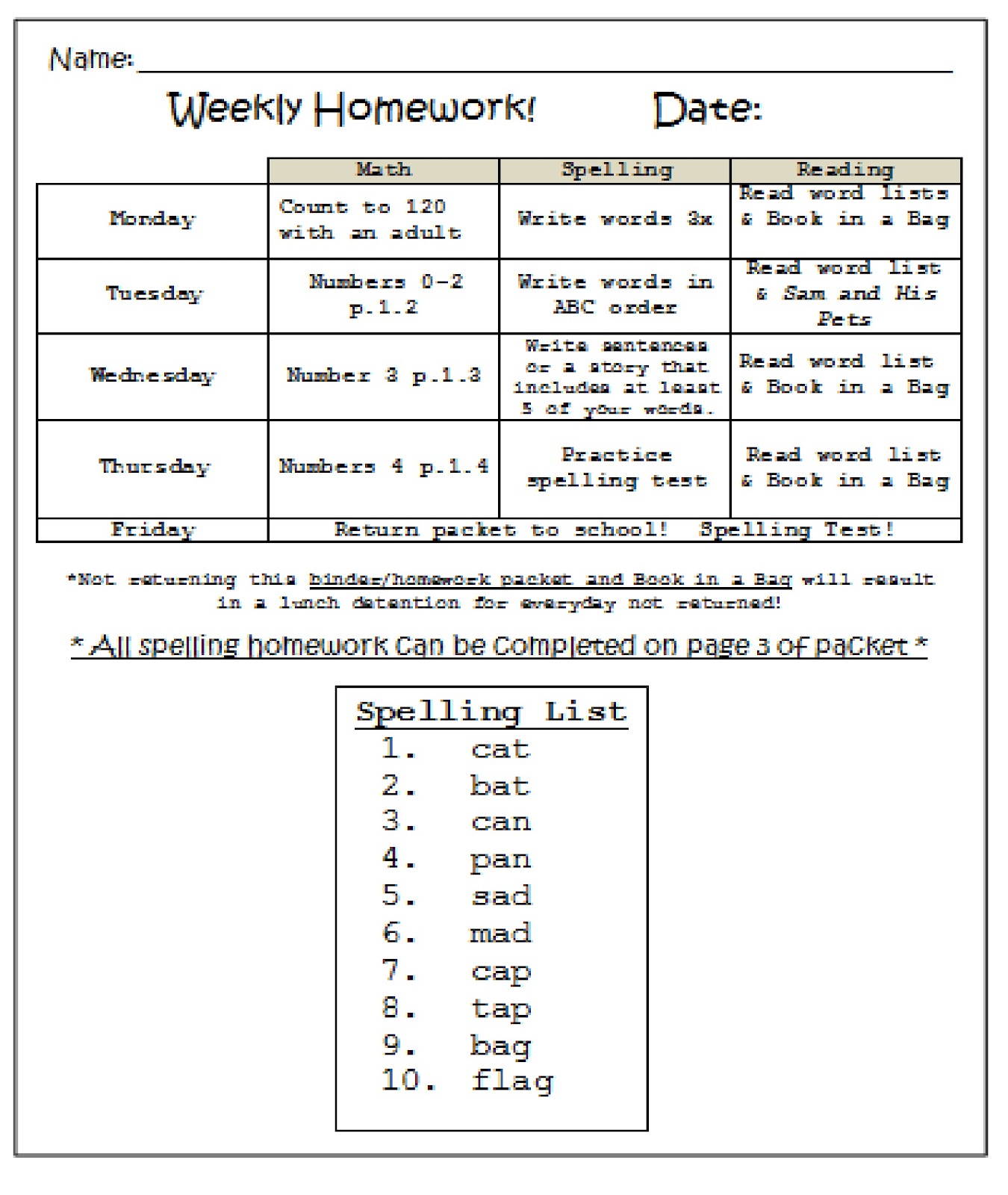 Student weekly homework page