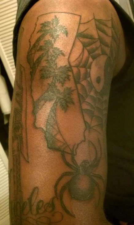 Part of a half sleeve. spider web with spider and california with palm trees