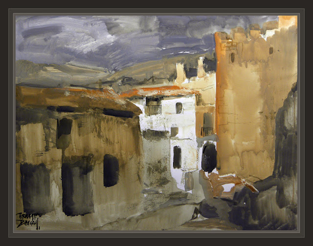 ALBARRACIN-MURALLAS-TERUEL-PINTURA-CUADERNOS DE VIAJE-CUADROS-PINTOR-ERNEST DESCALS-