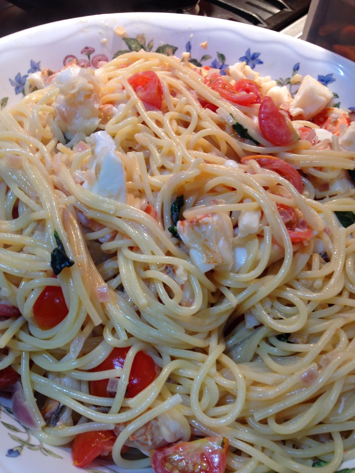 Mary's Kitchen Spaghetti with lobster in a creamy tomato sauce