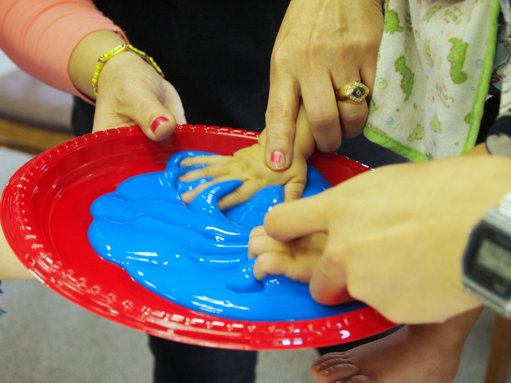 Blue hands and feet Pink Stripey Socks