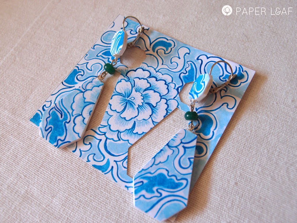 Porcelain Blue Peony | handpainted paper earrings with green agate | acrilyc paint on cardstock | Paper Leaf