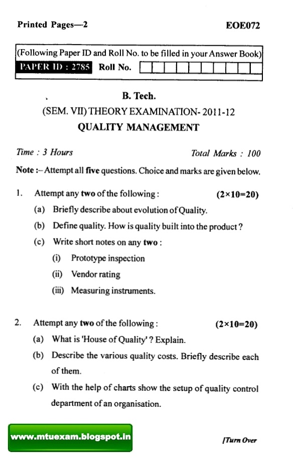 Total quality management previous year question papers uptu