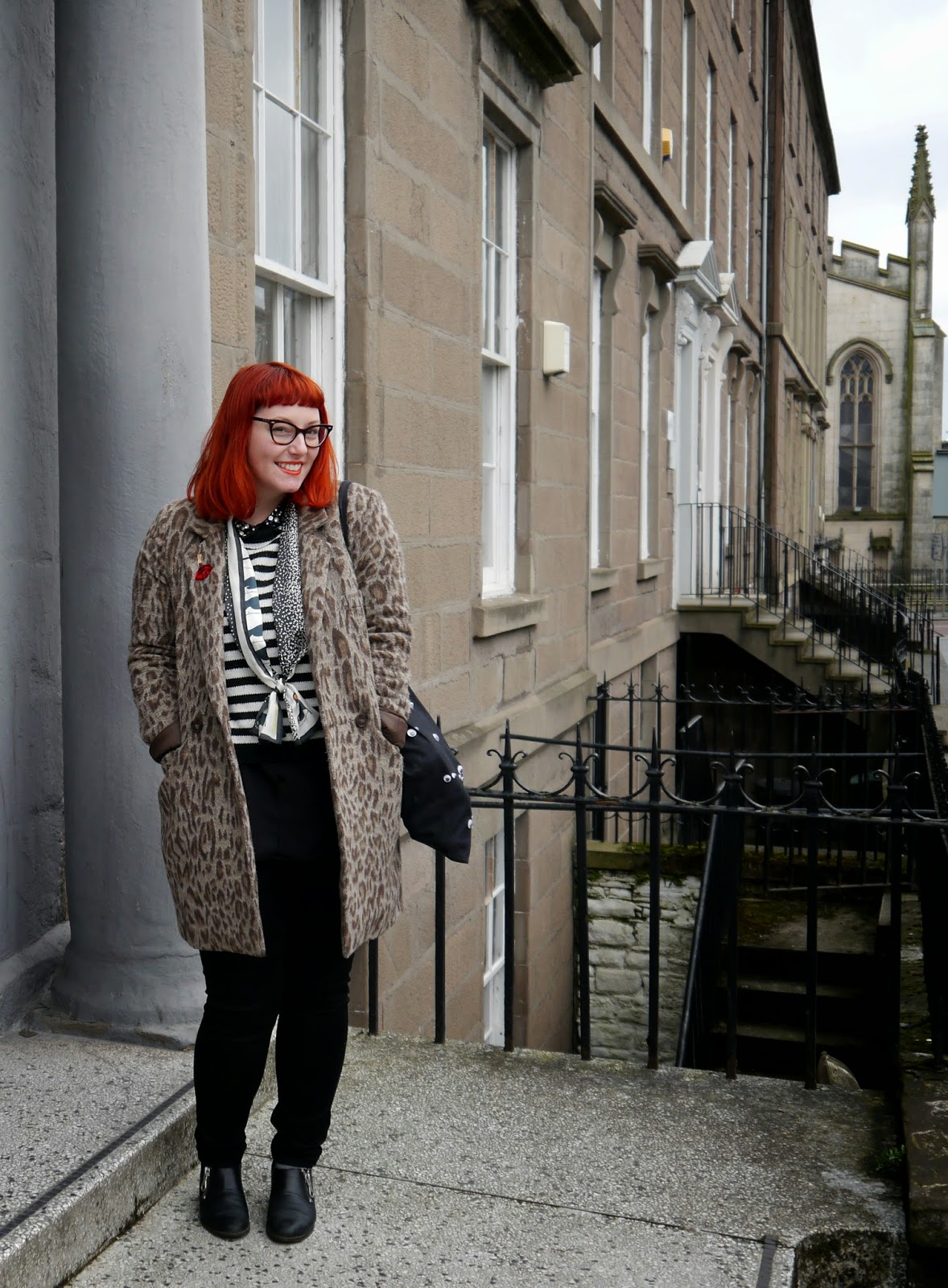 Dundee Street Style Scottish bloggers, Dundee, Dundee Contemporary arts, DCA, Art Exhibition, what Helen wore, monochrome outfite, H&M jewelled collar shirt, stripey Zara Jumper, Karen Mabon penquin Scarf, googley eye bag, red head, scottish street style, Dundee street style, Warehouse leopard print coat, comfy clarks shoes, work outfit, workwear, basic black jeans