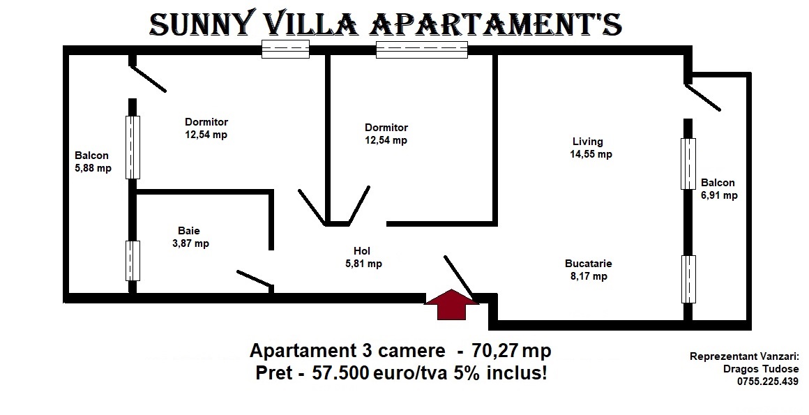 Apartament 3 camere - 71 mp