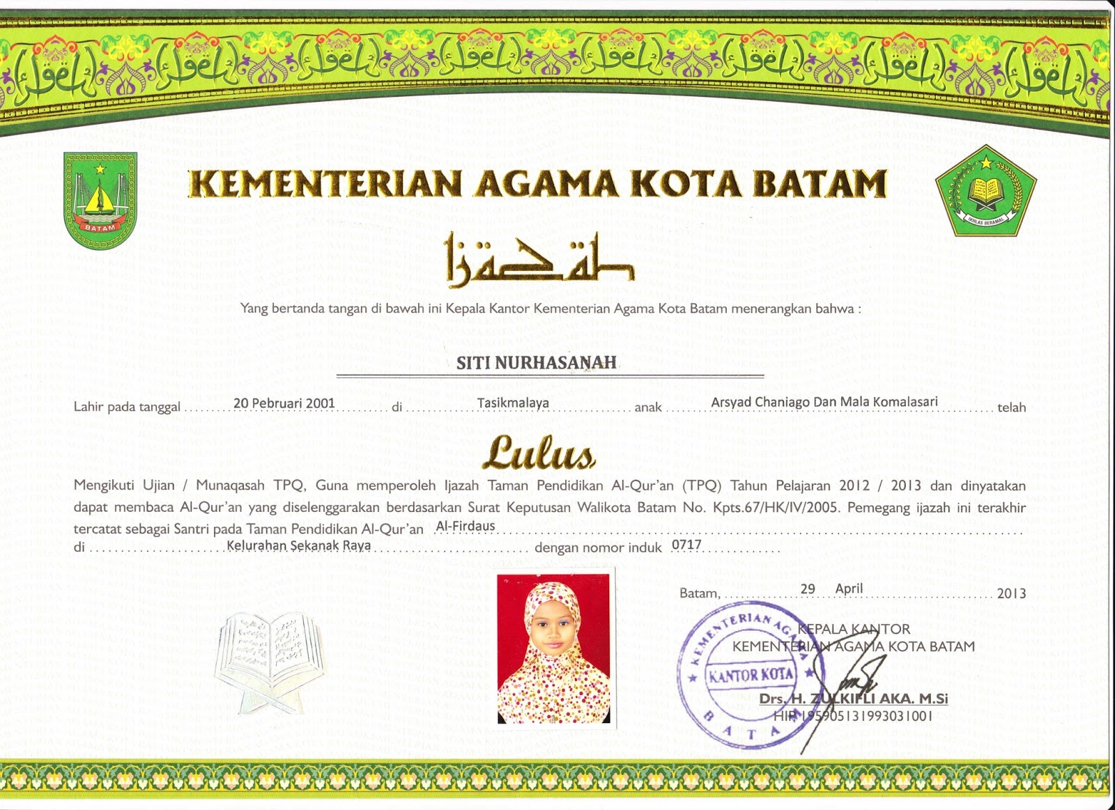 Jannatul Firdaus Contoh Ijasah Munaqasah Tpq