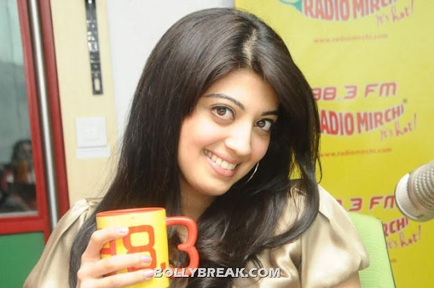 Pranitha in the 98.3 radio studio wearing a beige top  -  Pranitha Sakuni movie at 98.3 FM Hyderabad Studio pics