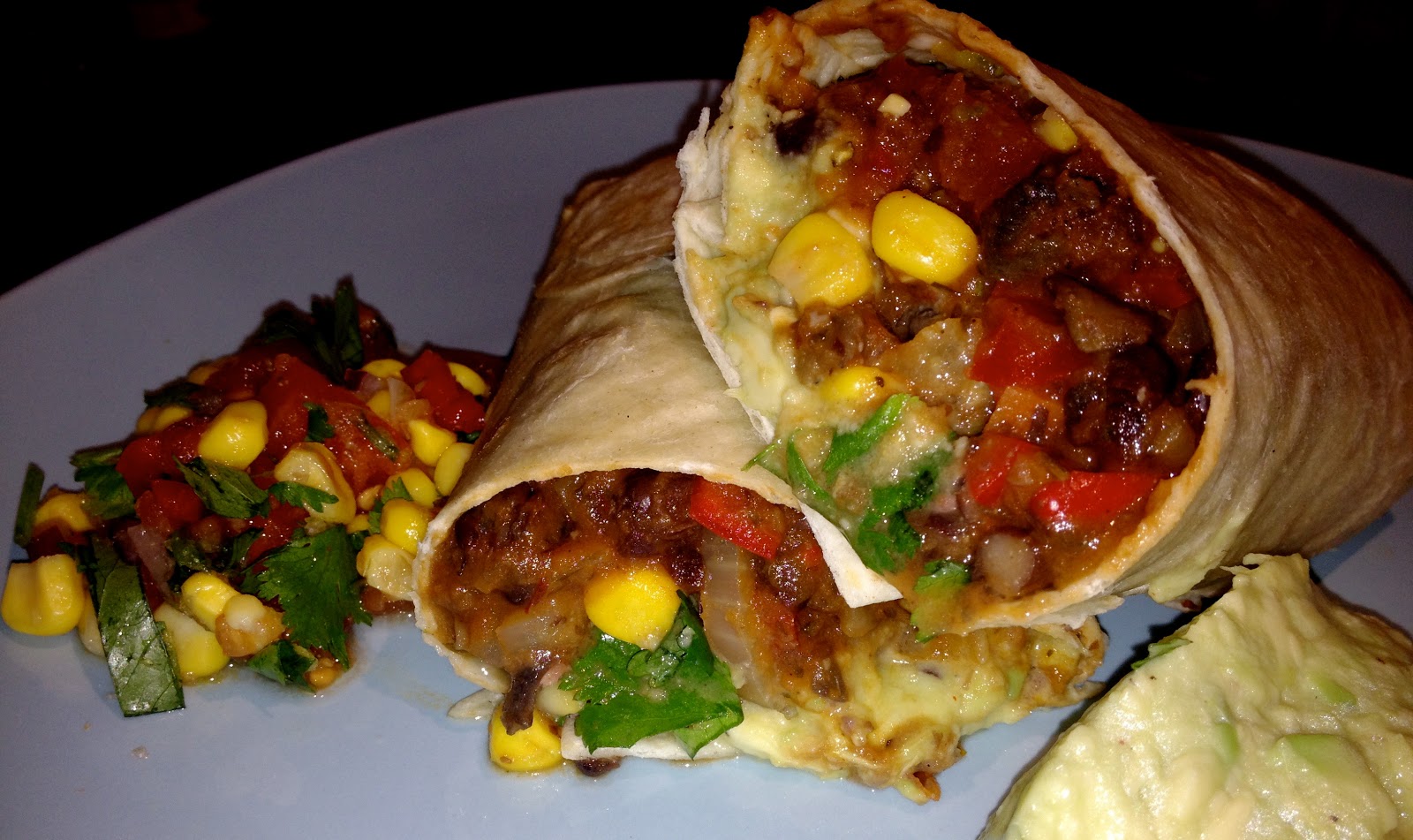 A hungry Swede in London Black bean burrito with corn salsa and guacamole