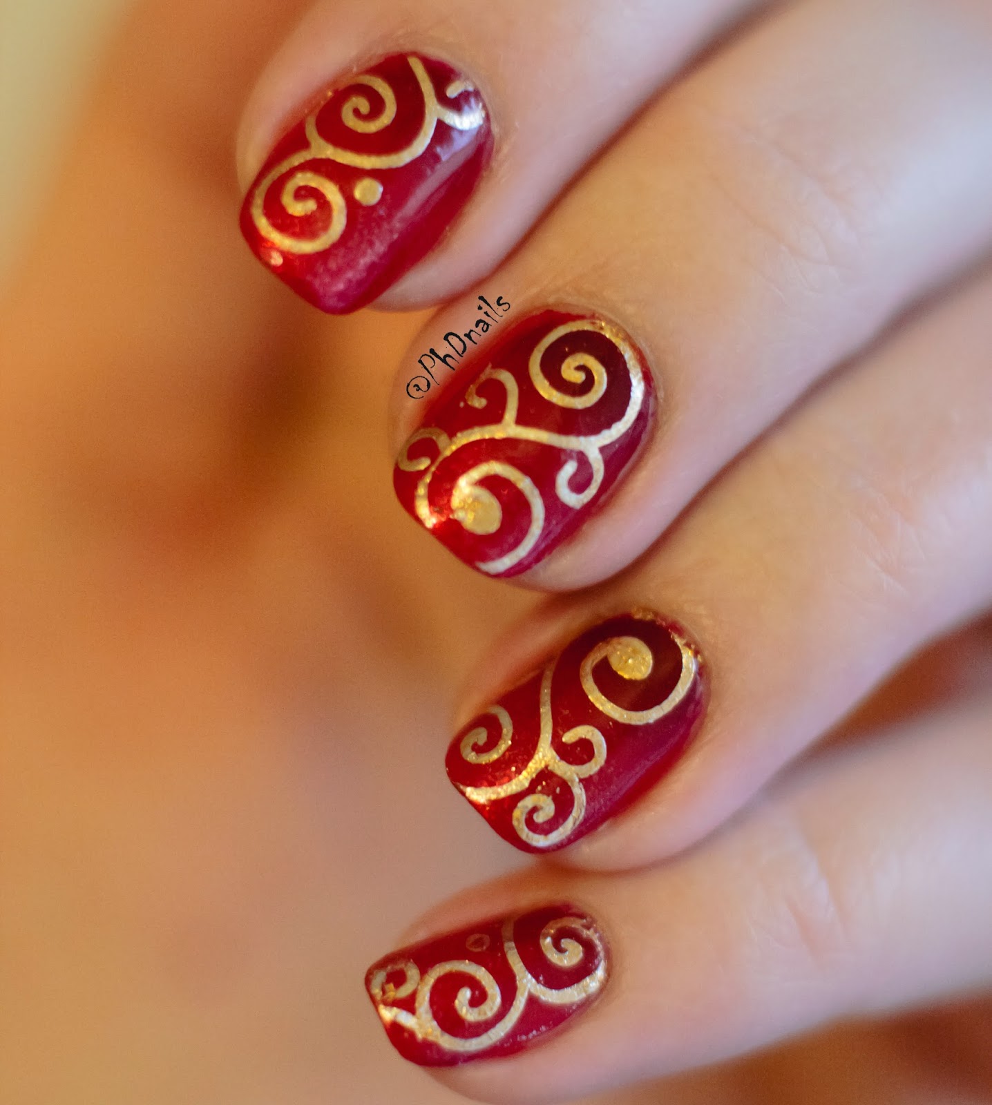 PhD nails Red gradient and golden Christmas ornaments nail art with