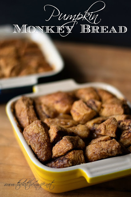 Finished monkey bread, in a yellow baking dish, with the title above.