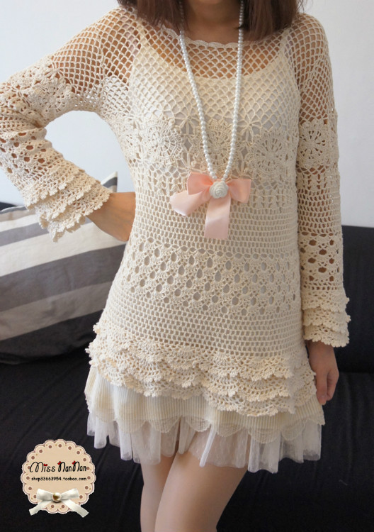 vestido croche manga longa